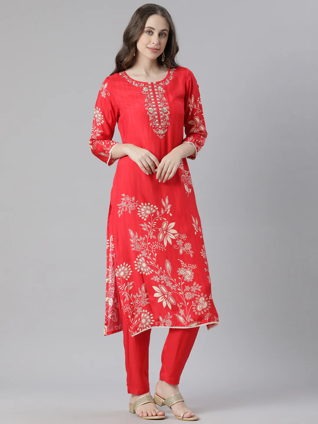 Neerus Red Printed Straight Kurta and Trousers With Dupatta - Image 3