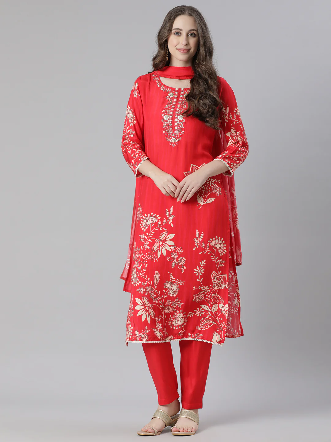 Neerus Red Printed Straight Kurta and Trousers With Dupatta - Image 5