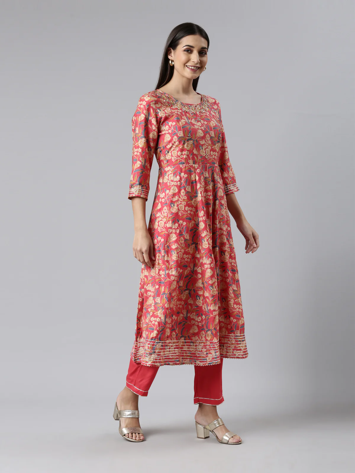 Neerus Red Regular Calf Length Printed Kurta Solid Trousers With Dupatta - Image 2