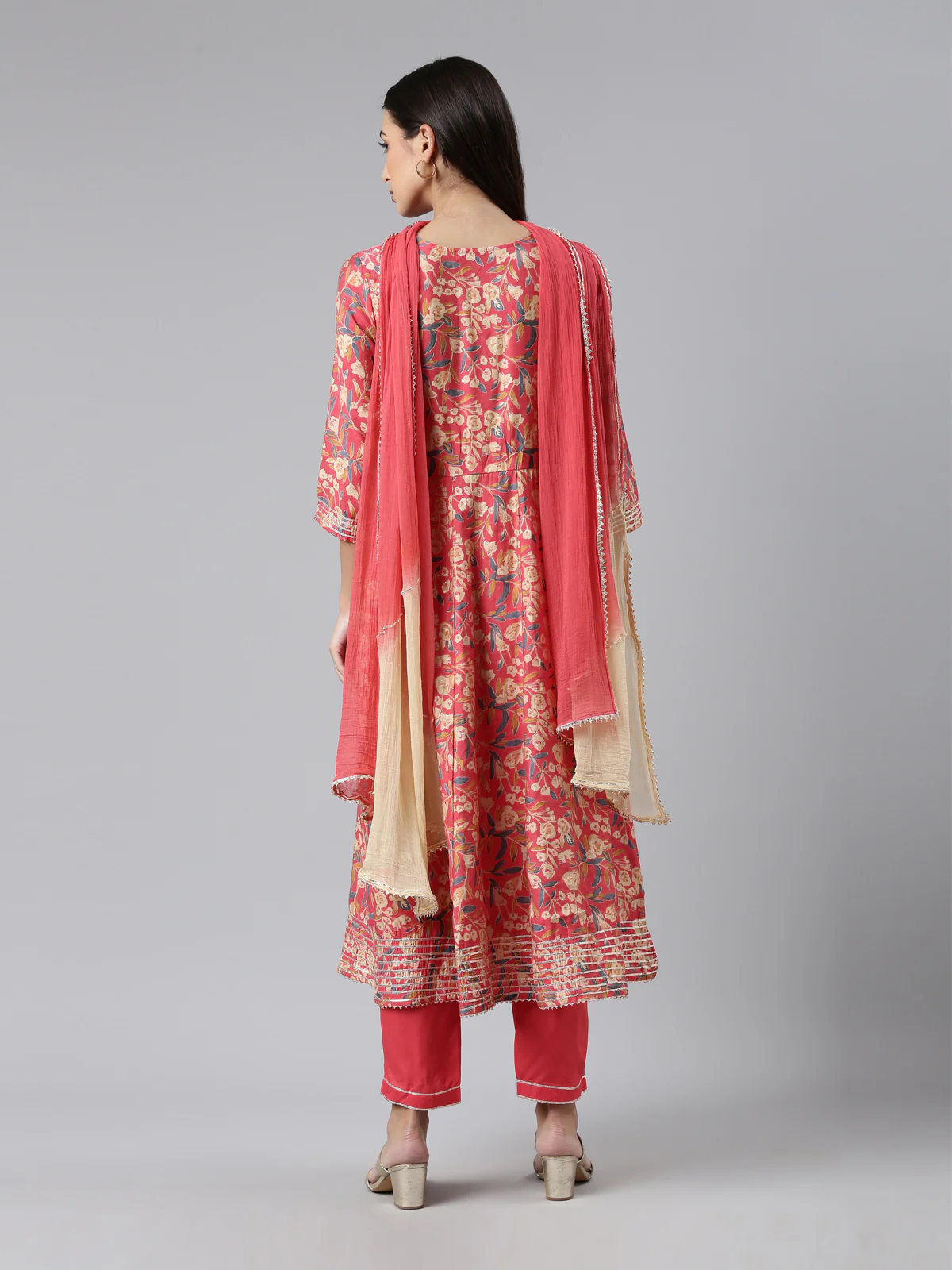 Neerus Red Regular Calf Length Printed Kurta Solid Trousers With Dupatta - Image 3