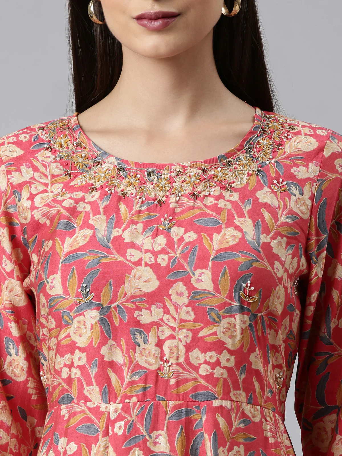 Neerus Red Regular Calf Length Printed Kurta Solid Trousers With Dupatta - Image 4