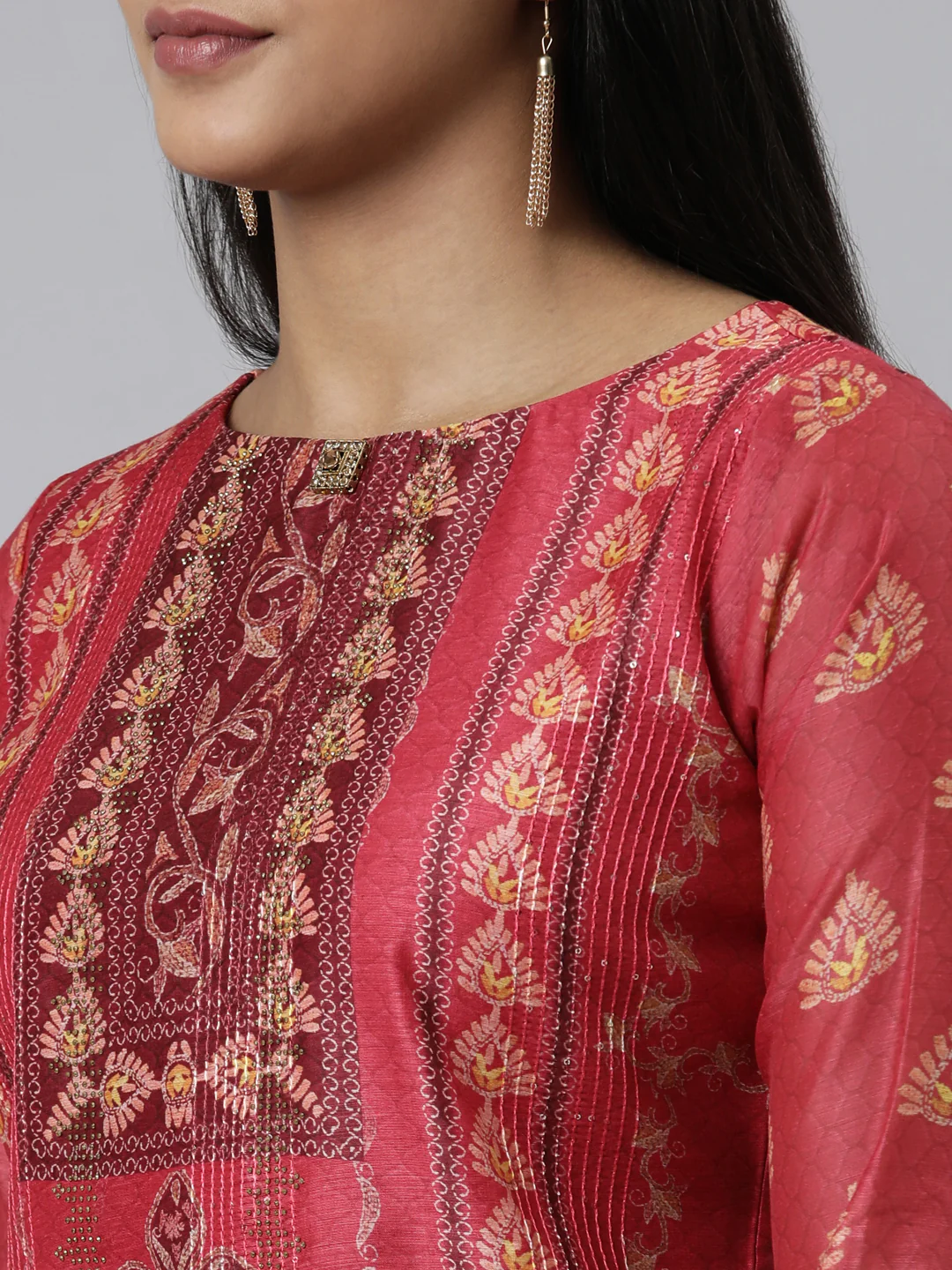 Neerus Red Regular Calf Length Printed Kurta Solid Trousers With Dupatta - Image 4