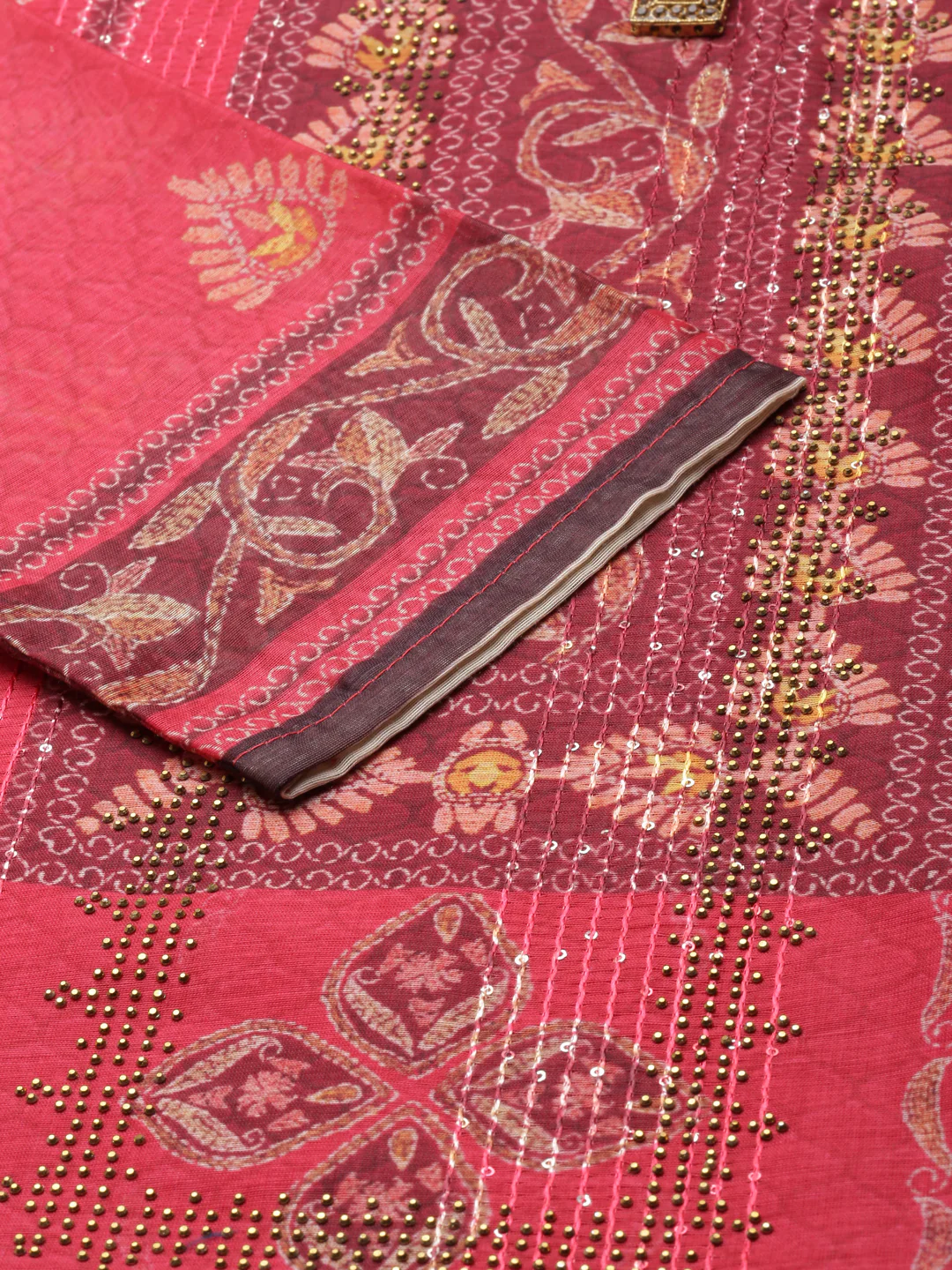 Neerus Red Regular Calf Length Printed Kurta Solid Trousers With Dupatta - Image 5