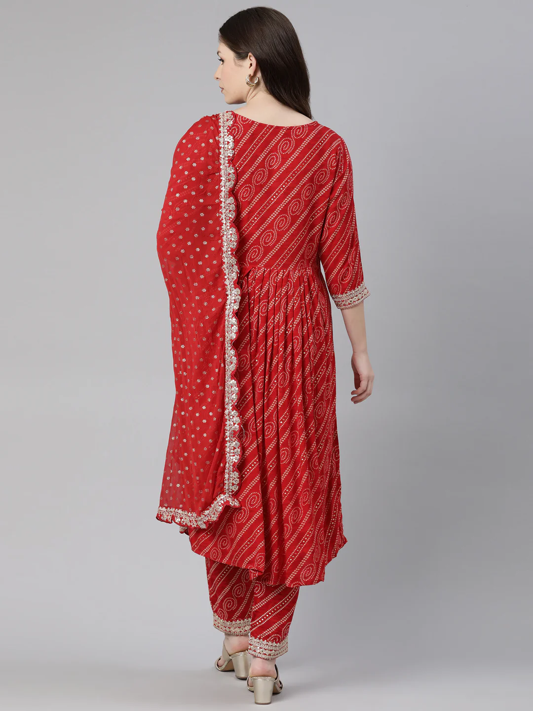 Neerus Red Regular Calf Length Printed Kurta Solid Trousers With Dupatta - Image 3