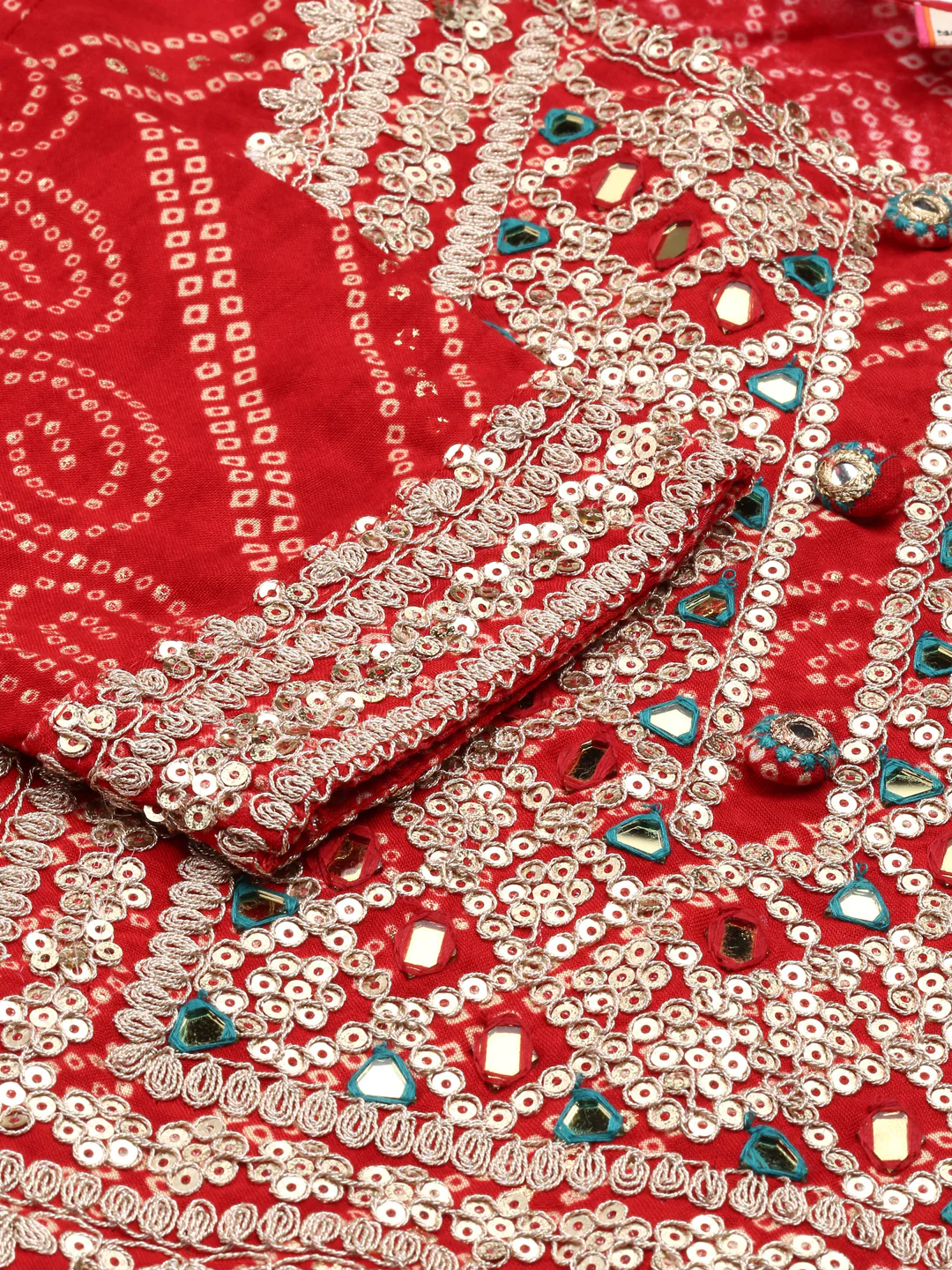 Neerus Red Regular Calf Length Printed Kurta Solid Trousers With Dupatta - Image 4