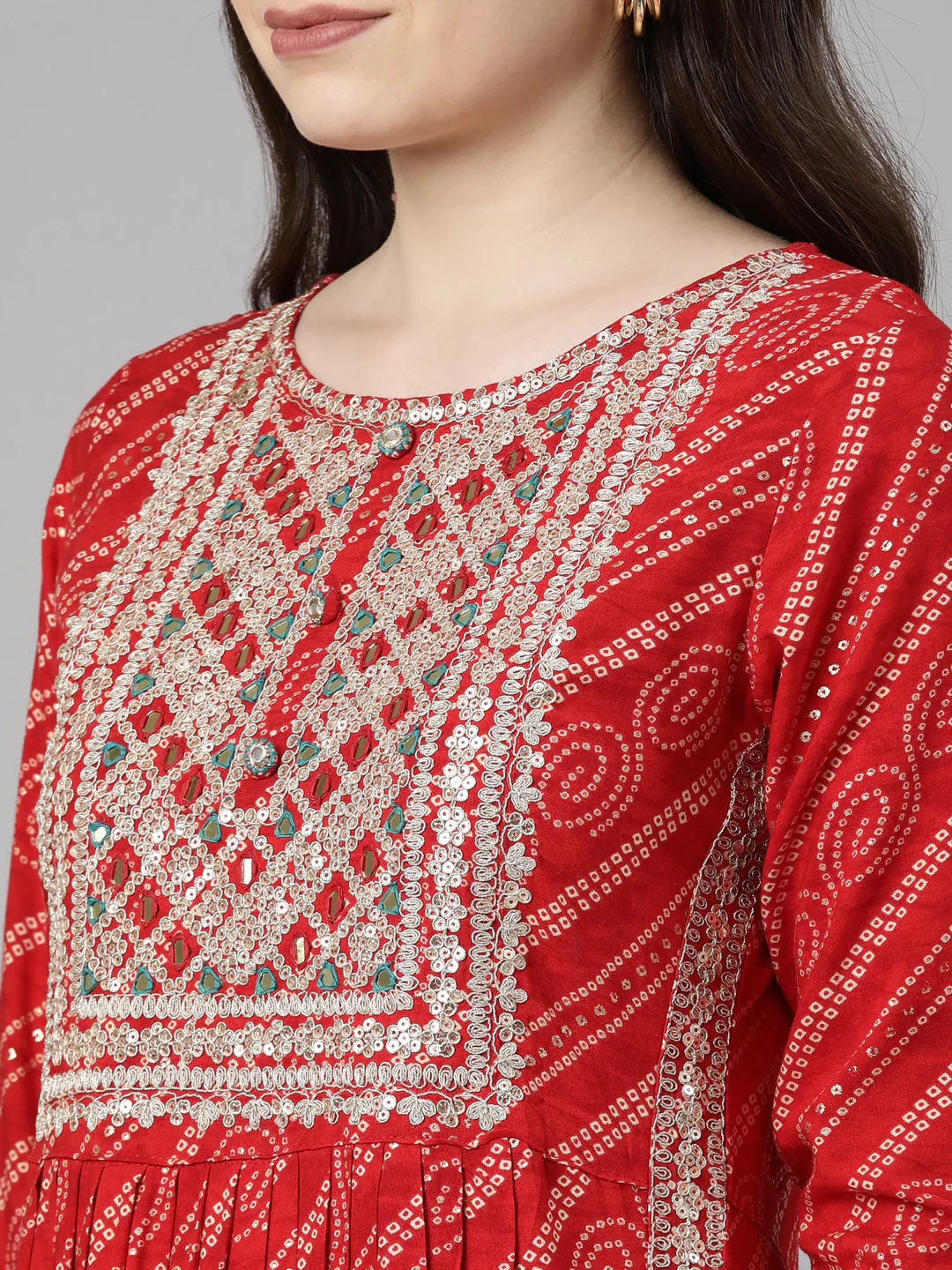 Neerus Red Regular Calf Length Printed Kurta Solid Trousers With Dupatta - Image 5
