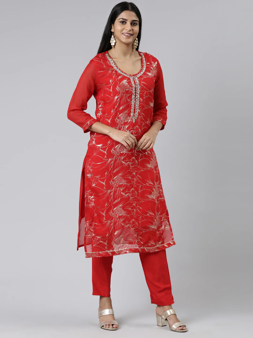Neerus Red Regular Calf Length Printed Kurta Solid Trousers With Dupatta - Image 2