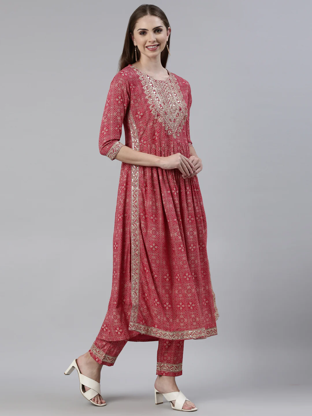 Neerus Red Regular Knee Length Printed Kurta Embroidered Trousers With Dupatta - Image 2