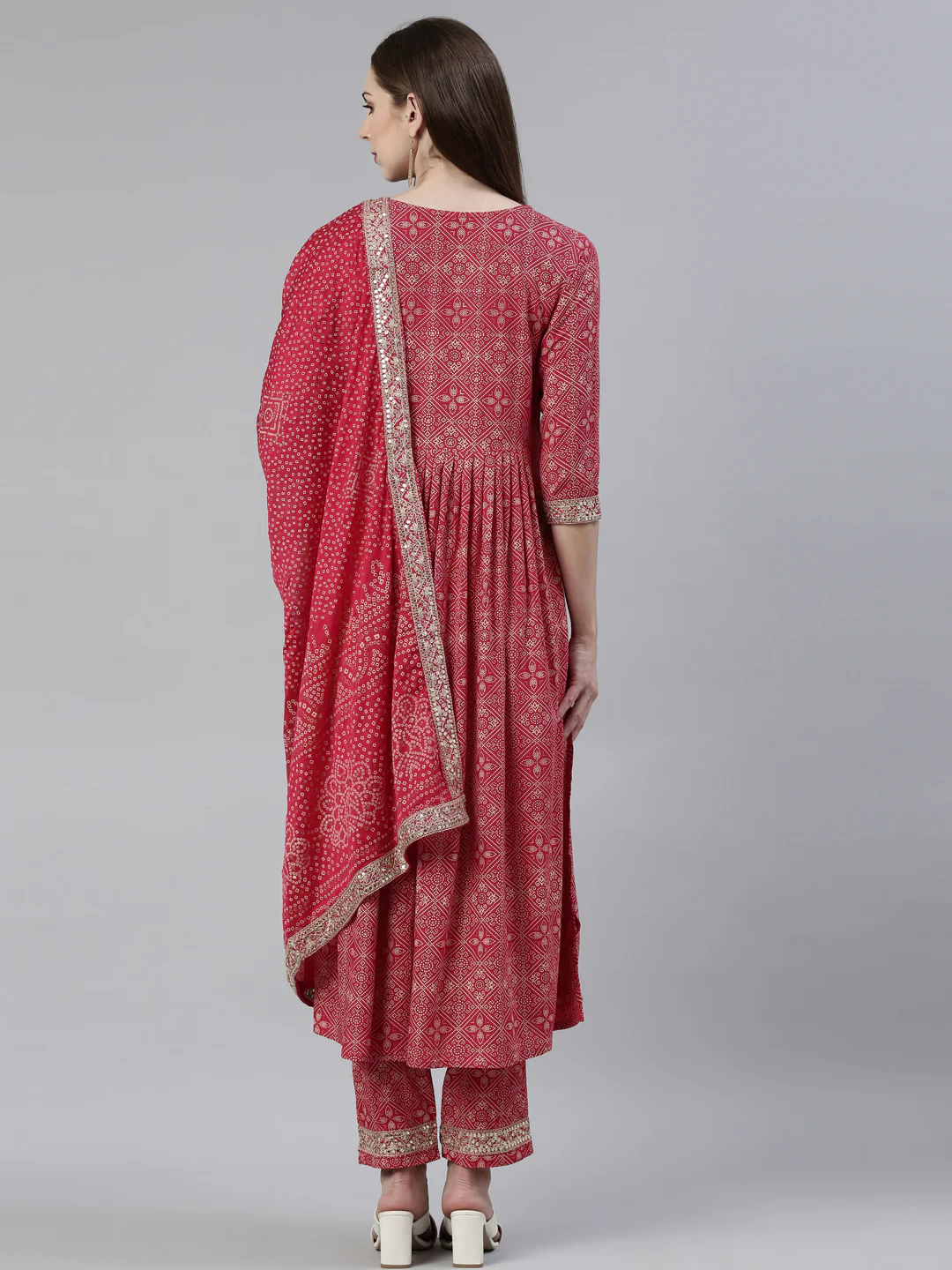 Neerus Red Regular Knee Length Printed Kurta Embroidered Trousers With Dupatta - Image 3