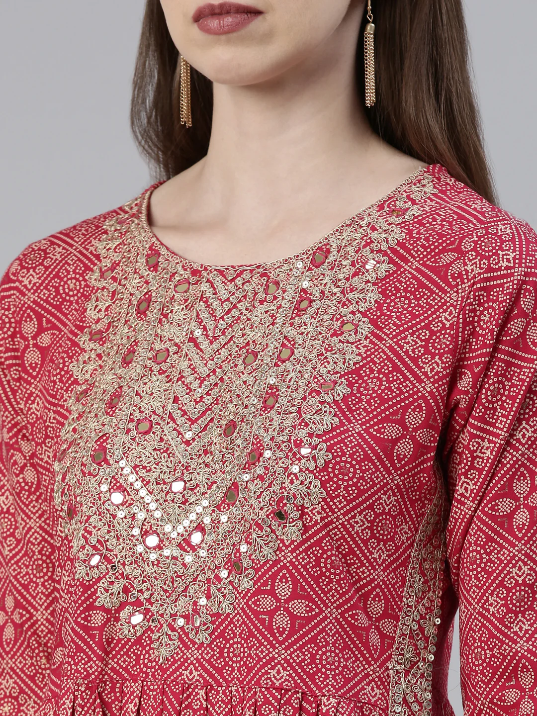 Neerus Red Regular Knee Length Printed Kurta Embroidered Trousers With Dupatta - Image 4