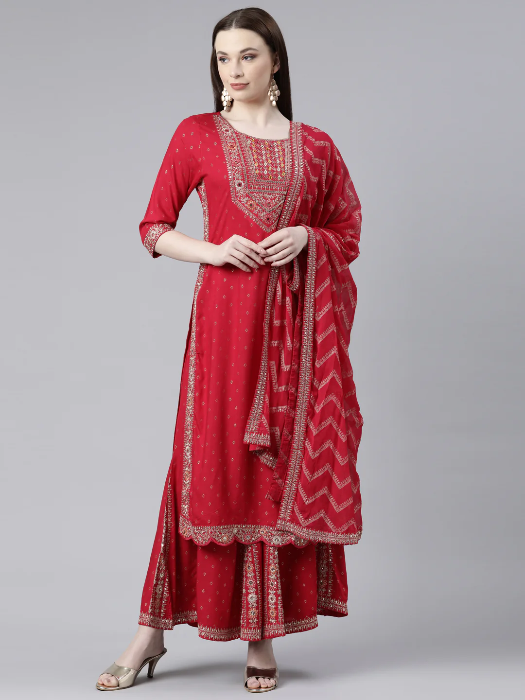 Neerus Red Regular Knee Length Printed Kurta Printed Sharara With Dupatta