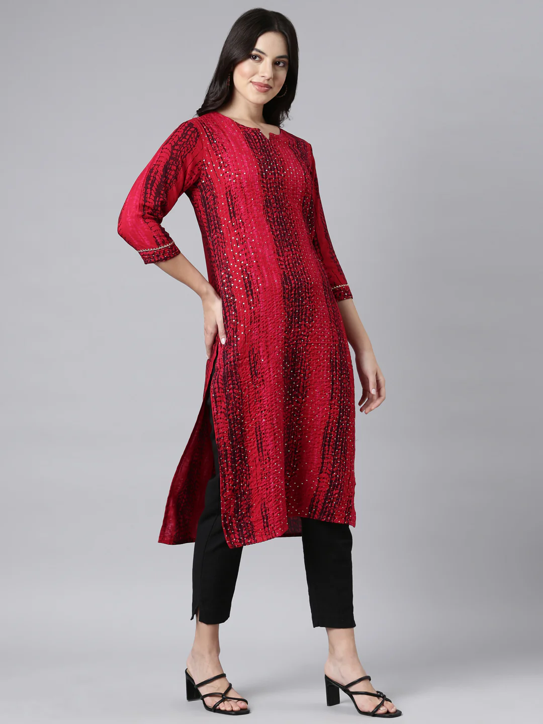 Neerus Red Regular Straight Embellished Kurta - Image 2