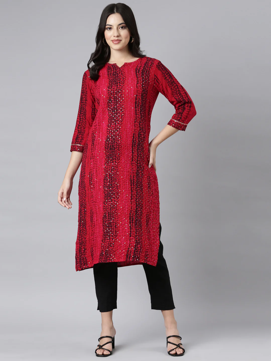 Neerus Red Regular Straight Embellished Kurta - Image 5