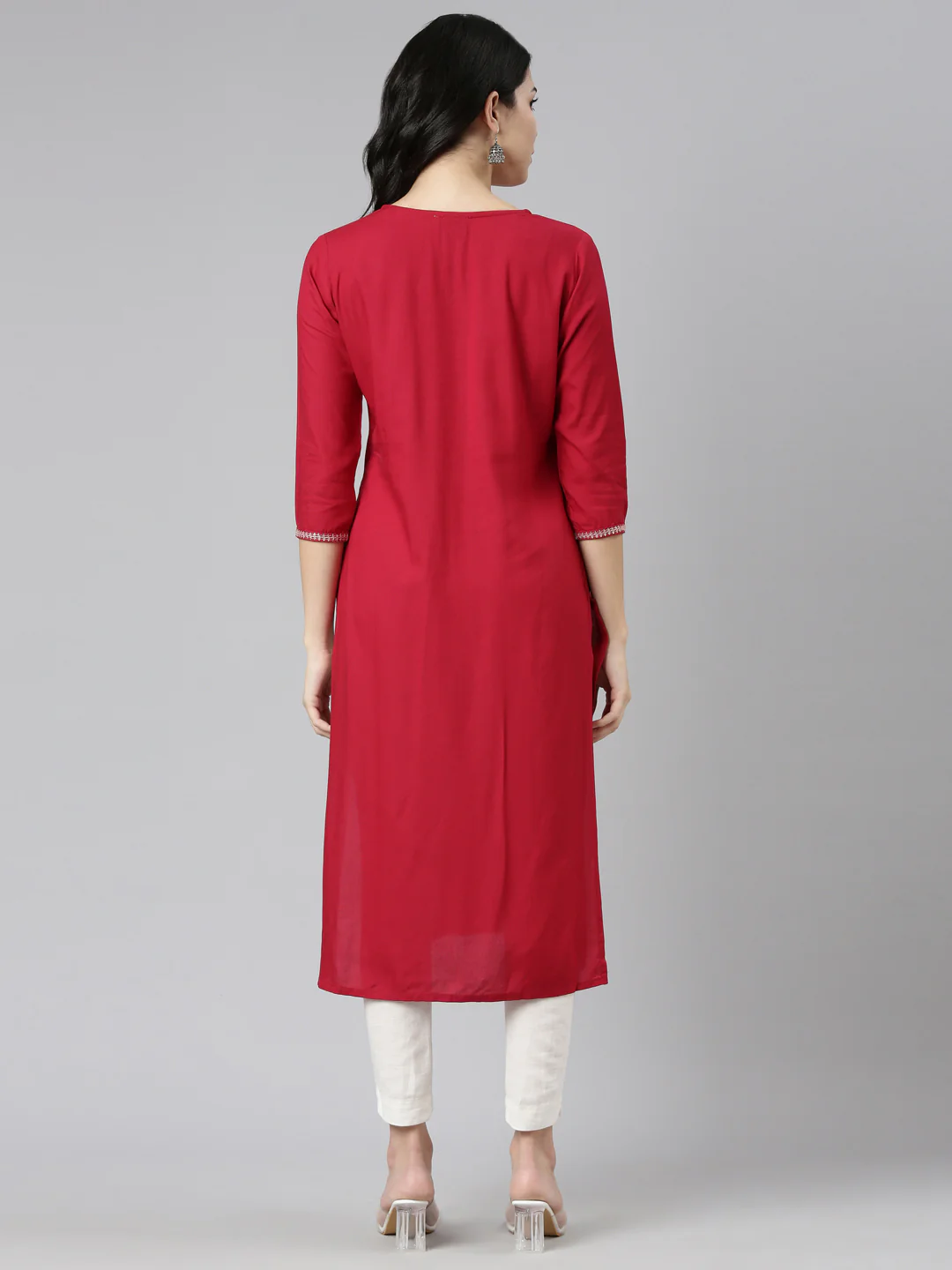 Neerus Red Regular Straight Embroidered Kurta - Image 3