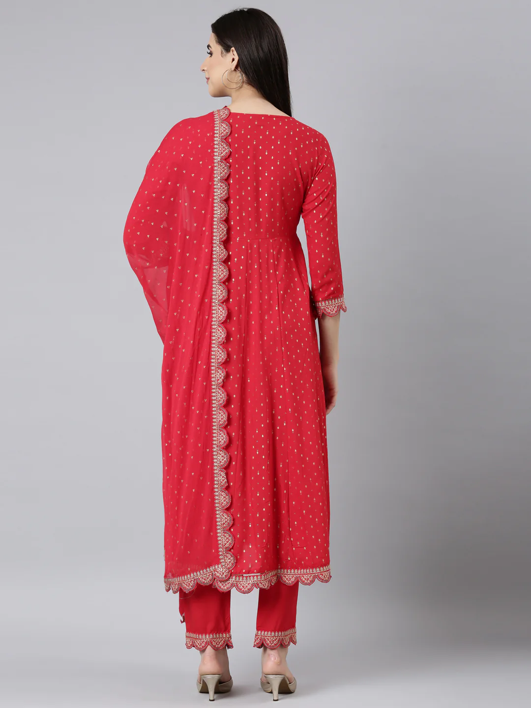 Neerus Red Regular Straight Ethnic Motifs Kurta And Trousers With Dupatta - Image 3