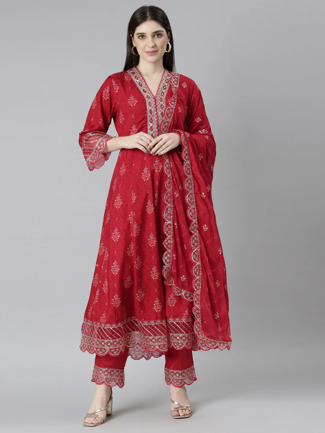 Neerus Red Regular Straight Floral Kurta And Trousers With Dupatta