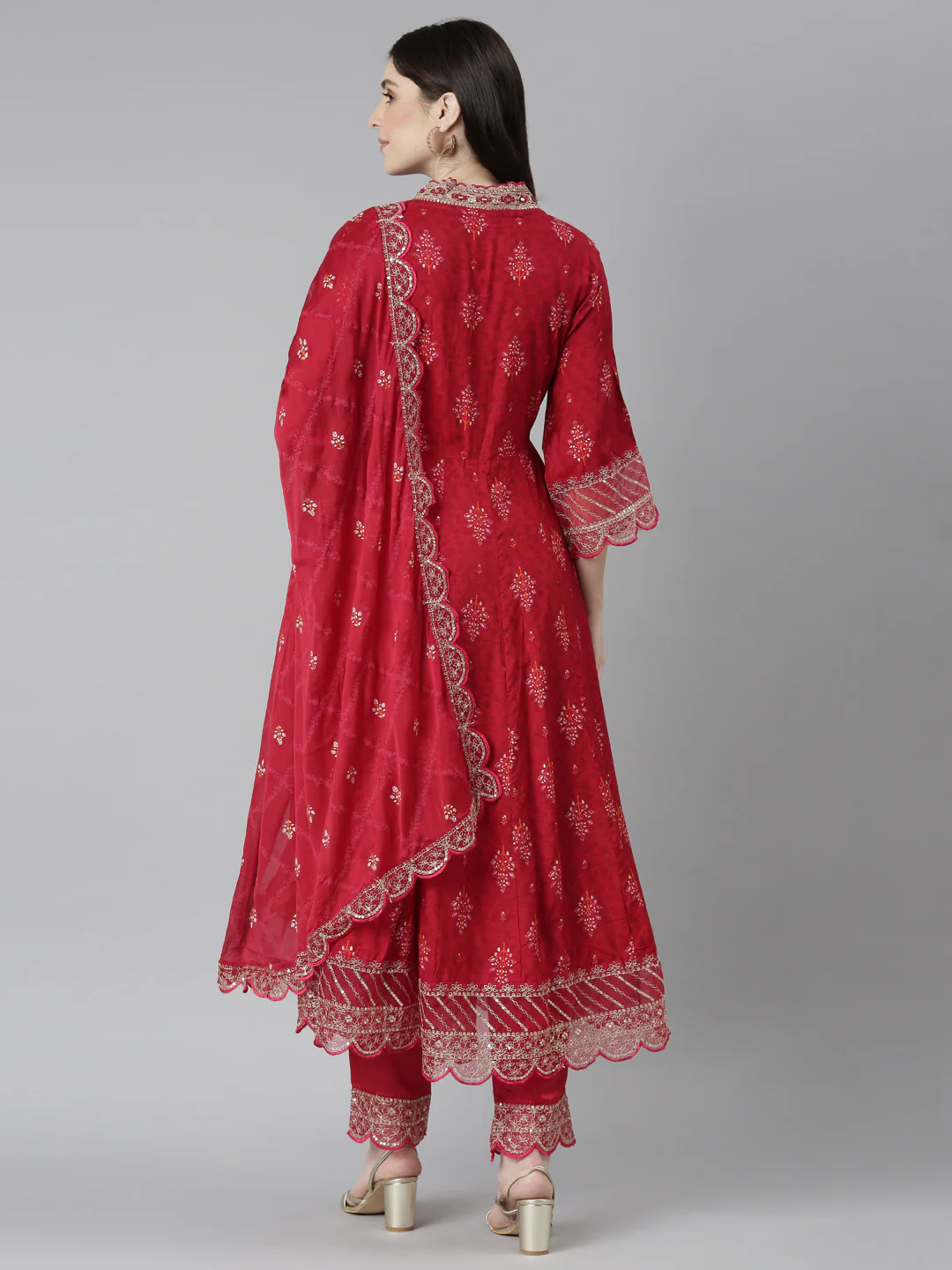 Neerus Red Regular Straight Floral Kurta And Trousers With Dupatta - Image 3