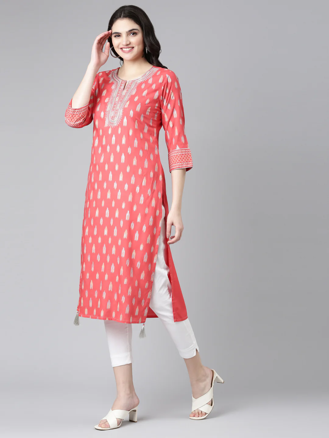 Neerus Red Regular Straight Printed Kurta - Image 2