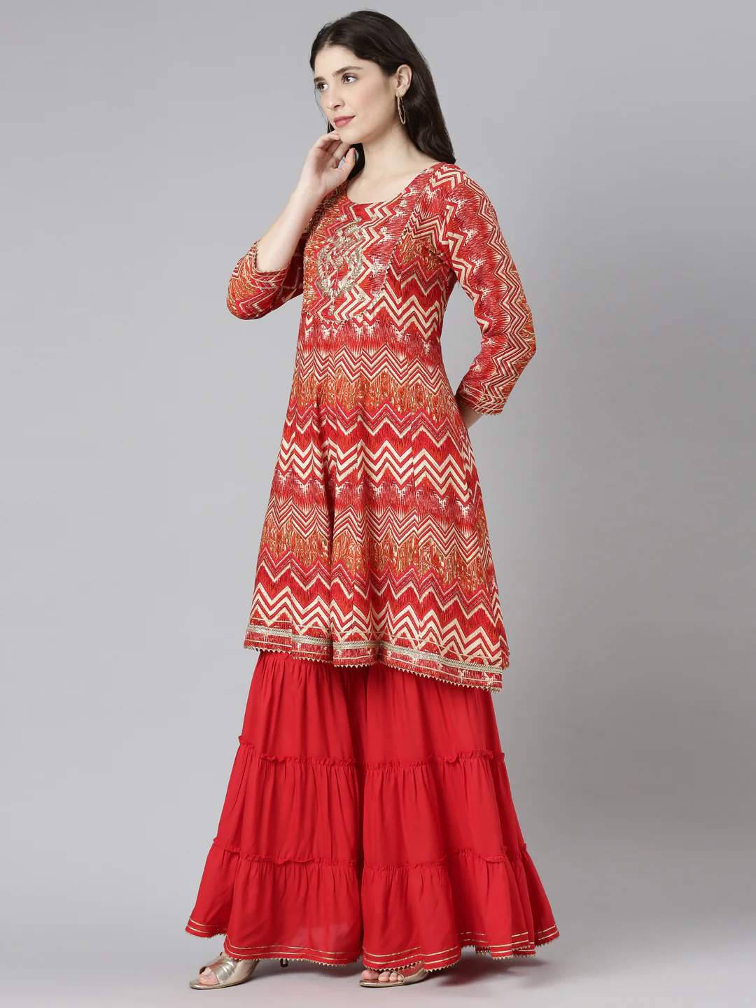 Neerus Red Regular Straight Printed Kurta And Sharara With Dupatta - Image 2