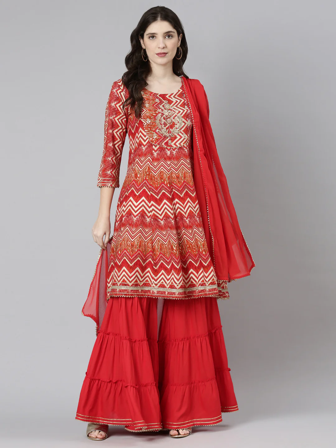 Neerus Red Regular Straight Printed Kurta And Sharara With Dupatta - Image 5