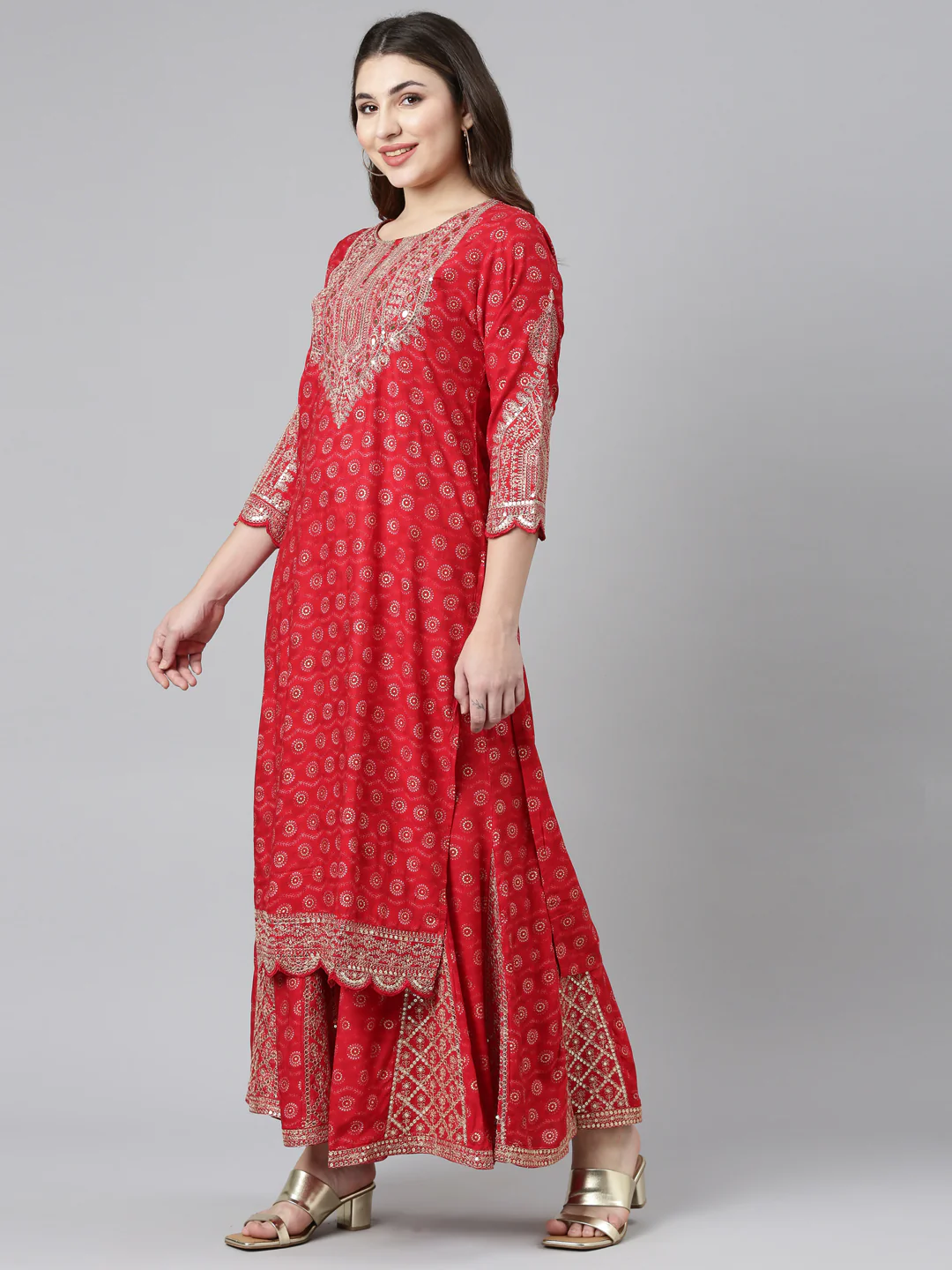 Neerus Red Regular Straight Printed Kurta And Sharara With Dupatta - Image 2