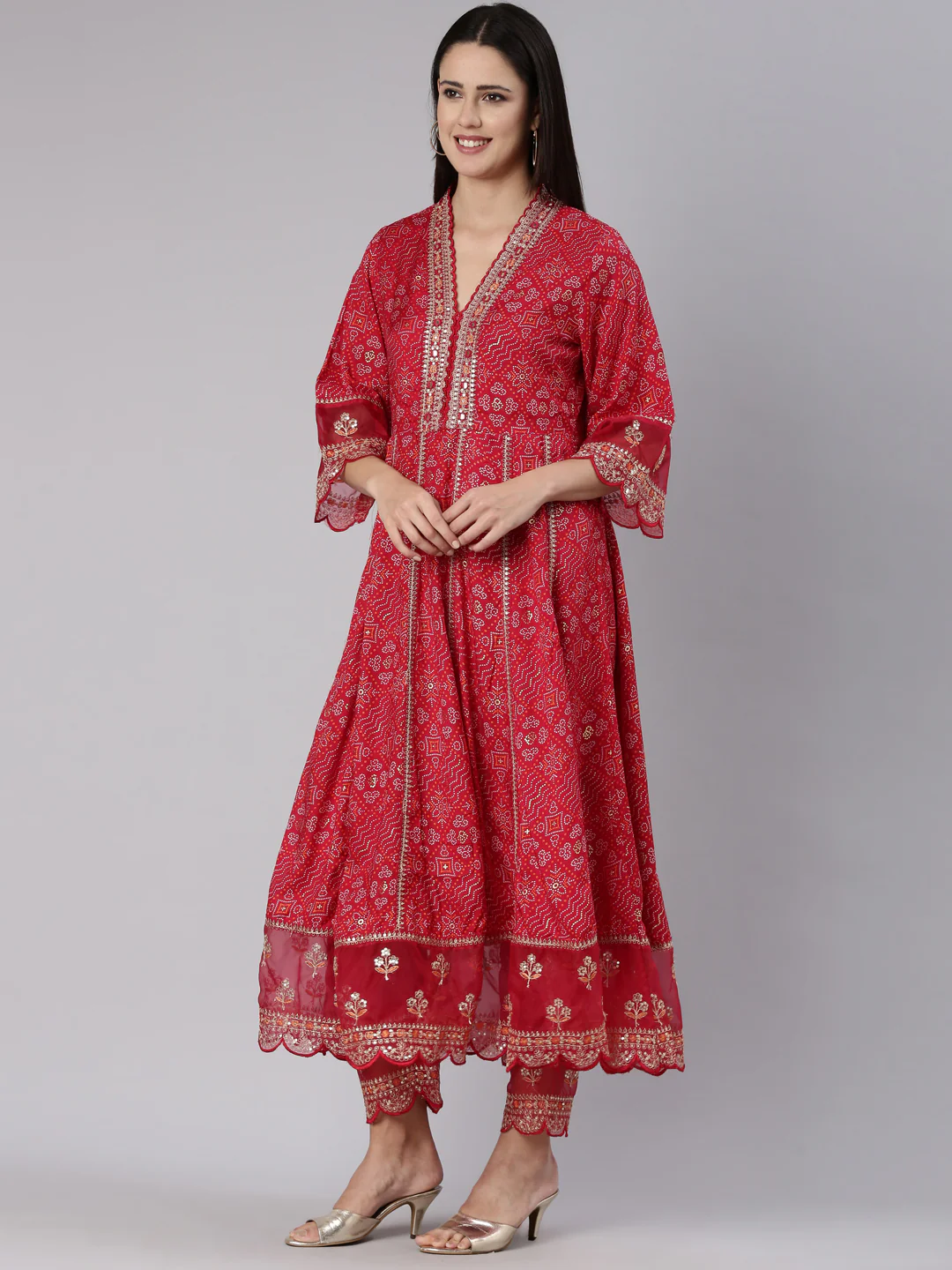 Neerus Red Regular Straight Printed Kurta And Trousers - Image 2