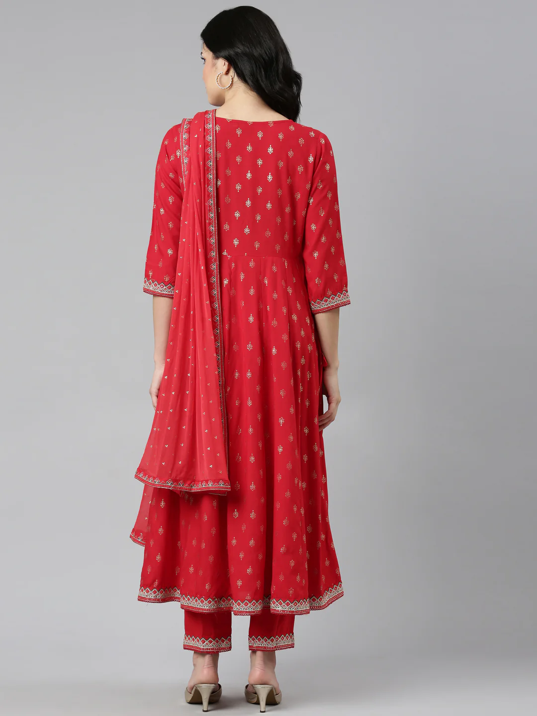 Neerus Red Regular Straight Printed Kurta And Trousers With Dupatta - Image 3