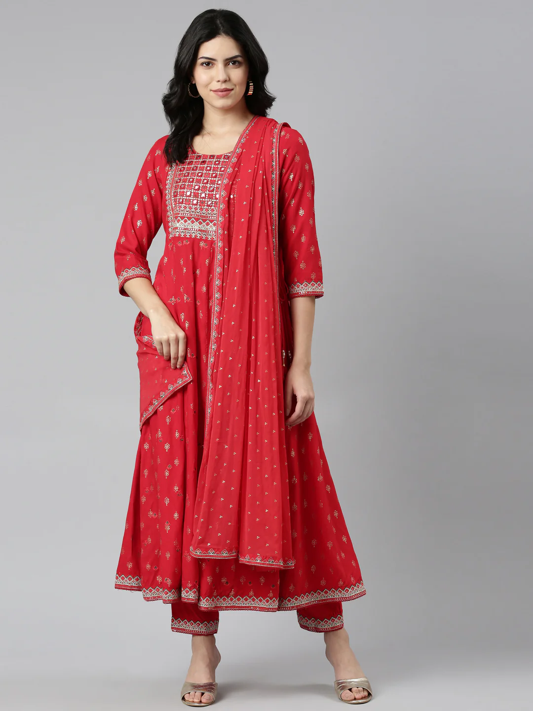 Neerus Red Regular Straight Printed Kurta And Trousers With Dupatta - Image 5
