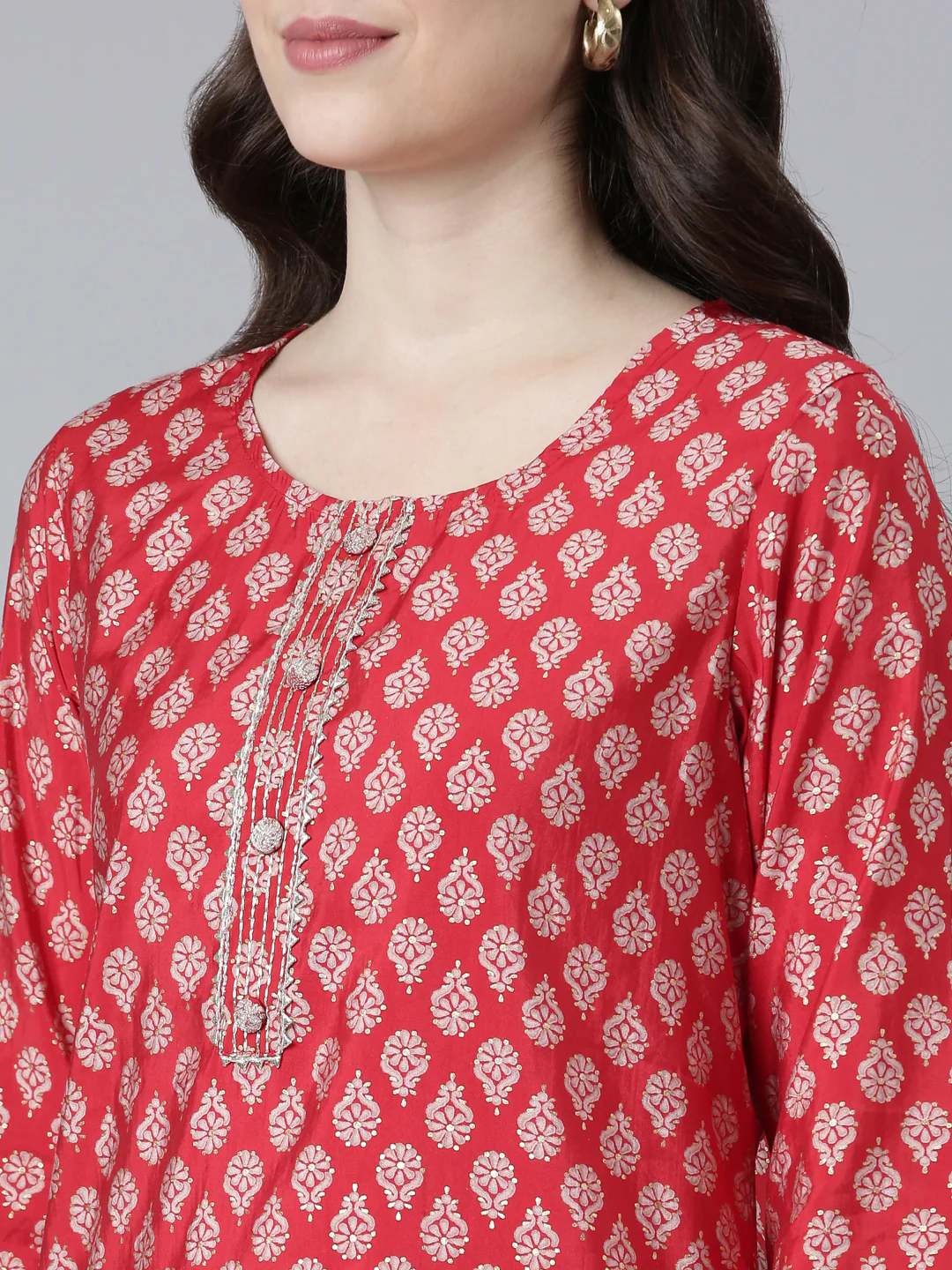 Neerus Red Regular Straight Printed Kurta - Image 4
