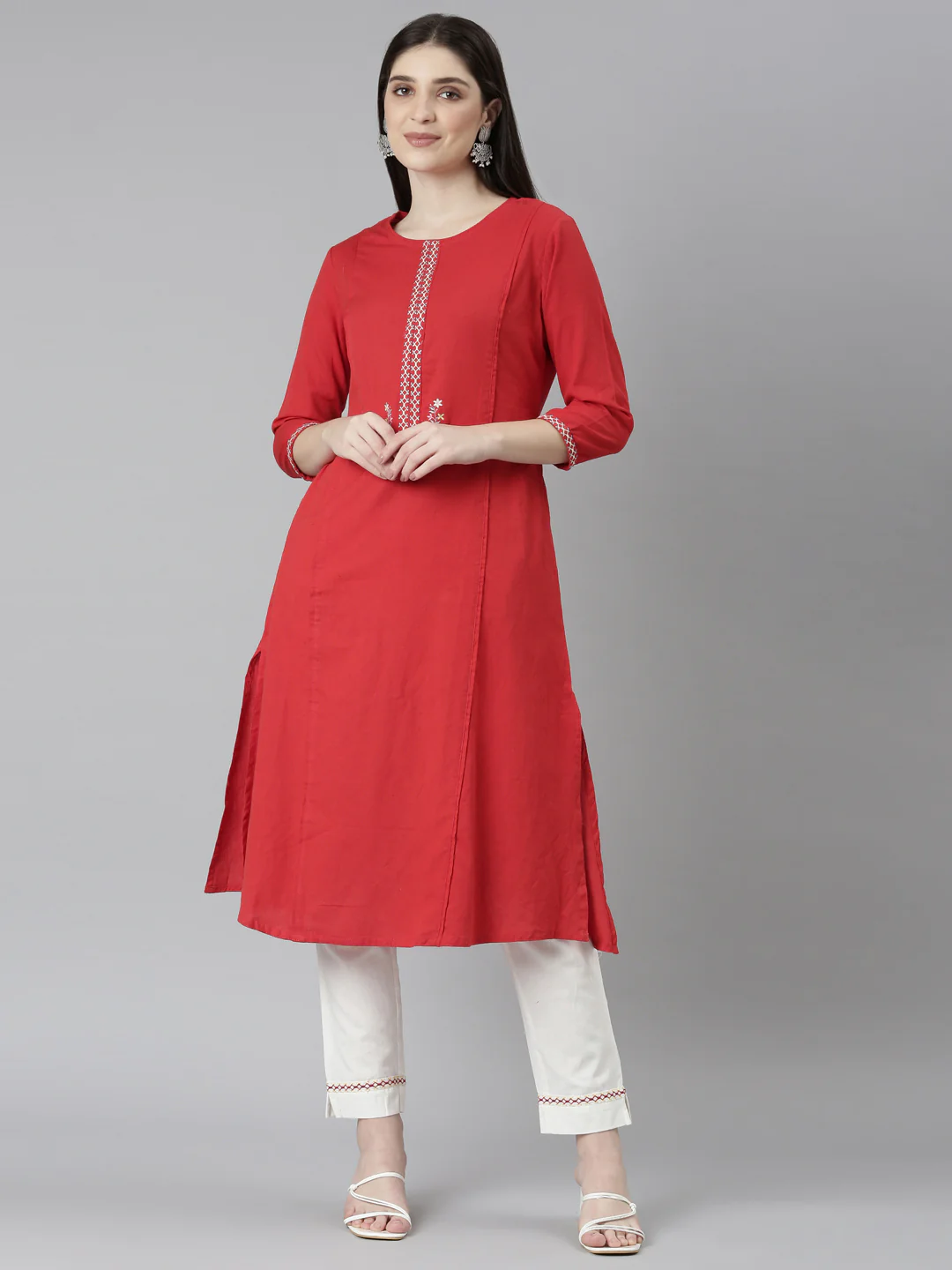 Neerus Red Regular Straight Solid Kurta And Trousers