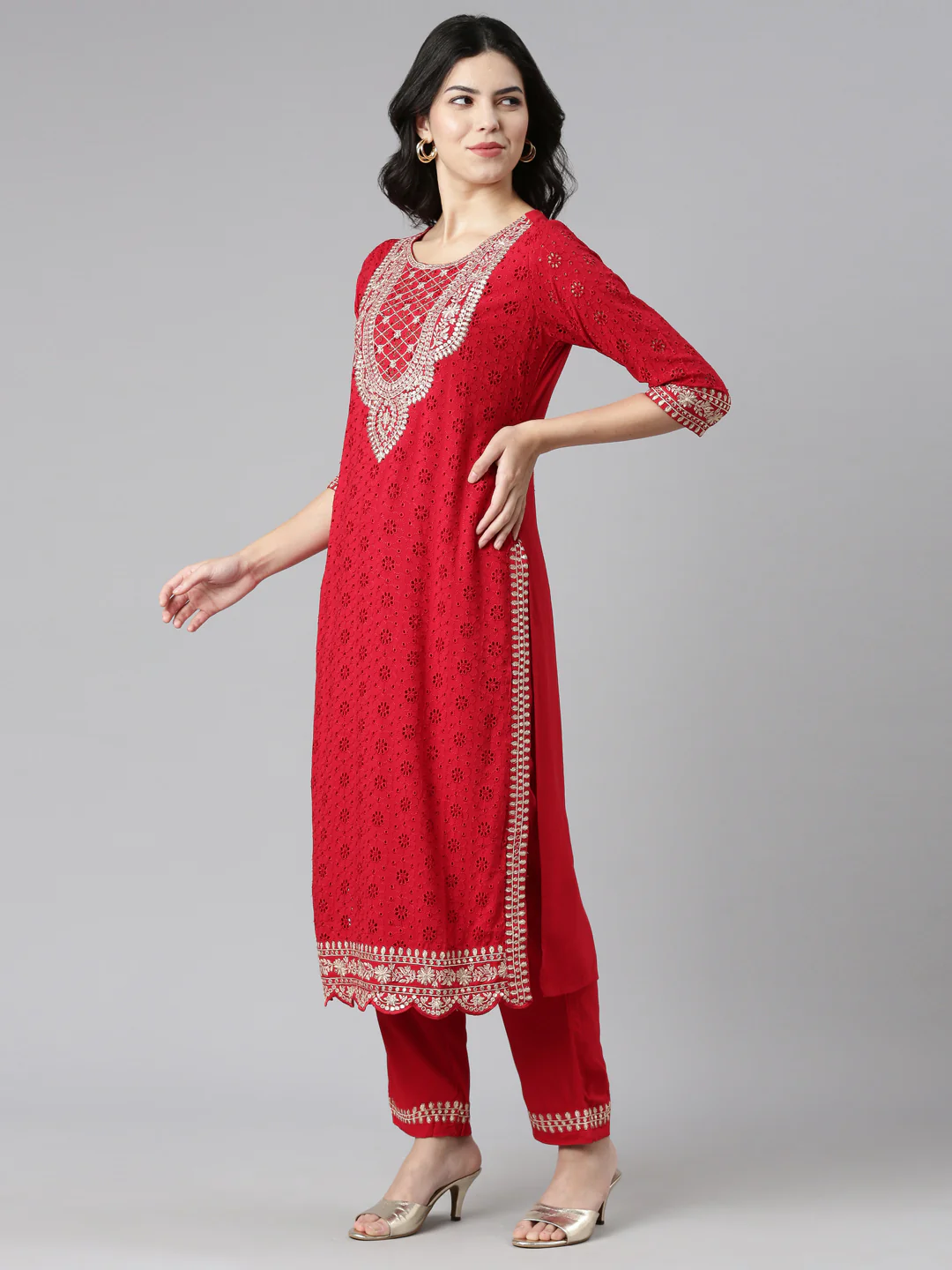 Neerus Red Regular Straight Solid Kurta And Trousers With Dupatta - Image 2