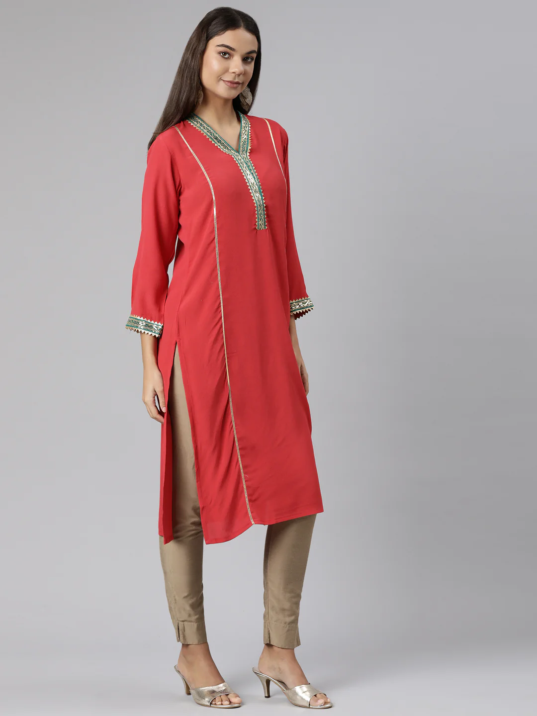 Neerus Red Regular Straight Solid Kurta - Image 2