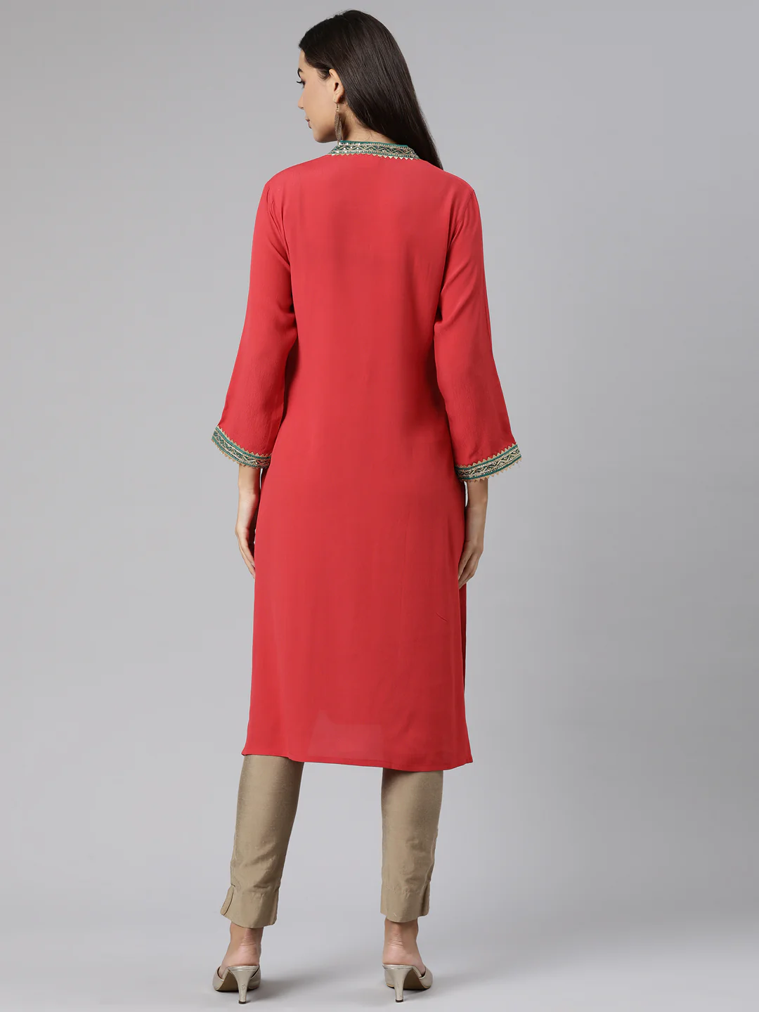 Neerus Red Regular Straight Solid Kurta - Image 3