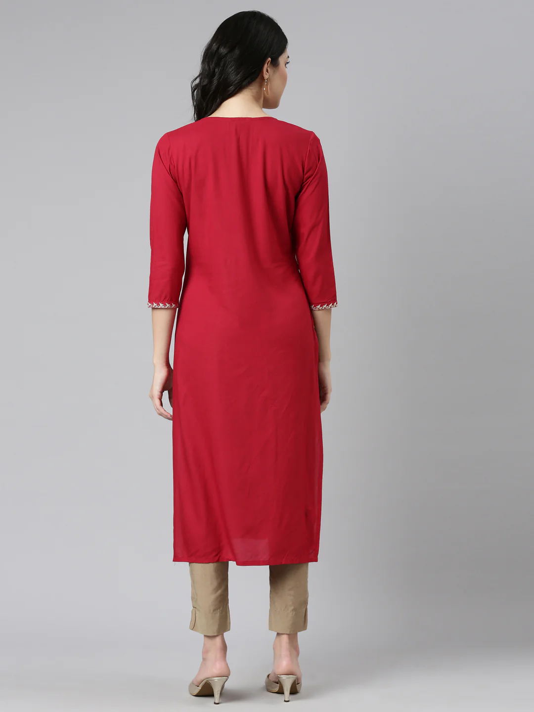 Neerus Red Regular Straight Solid Kurta - Image 3