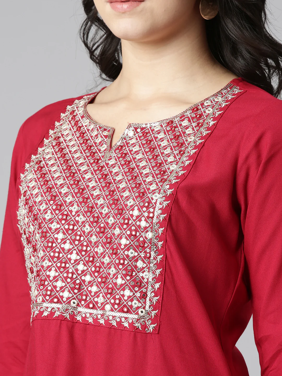 Neerus Red Regular Straight Solid Kurta - Image 4
