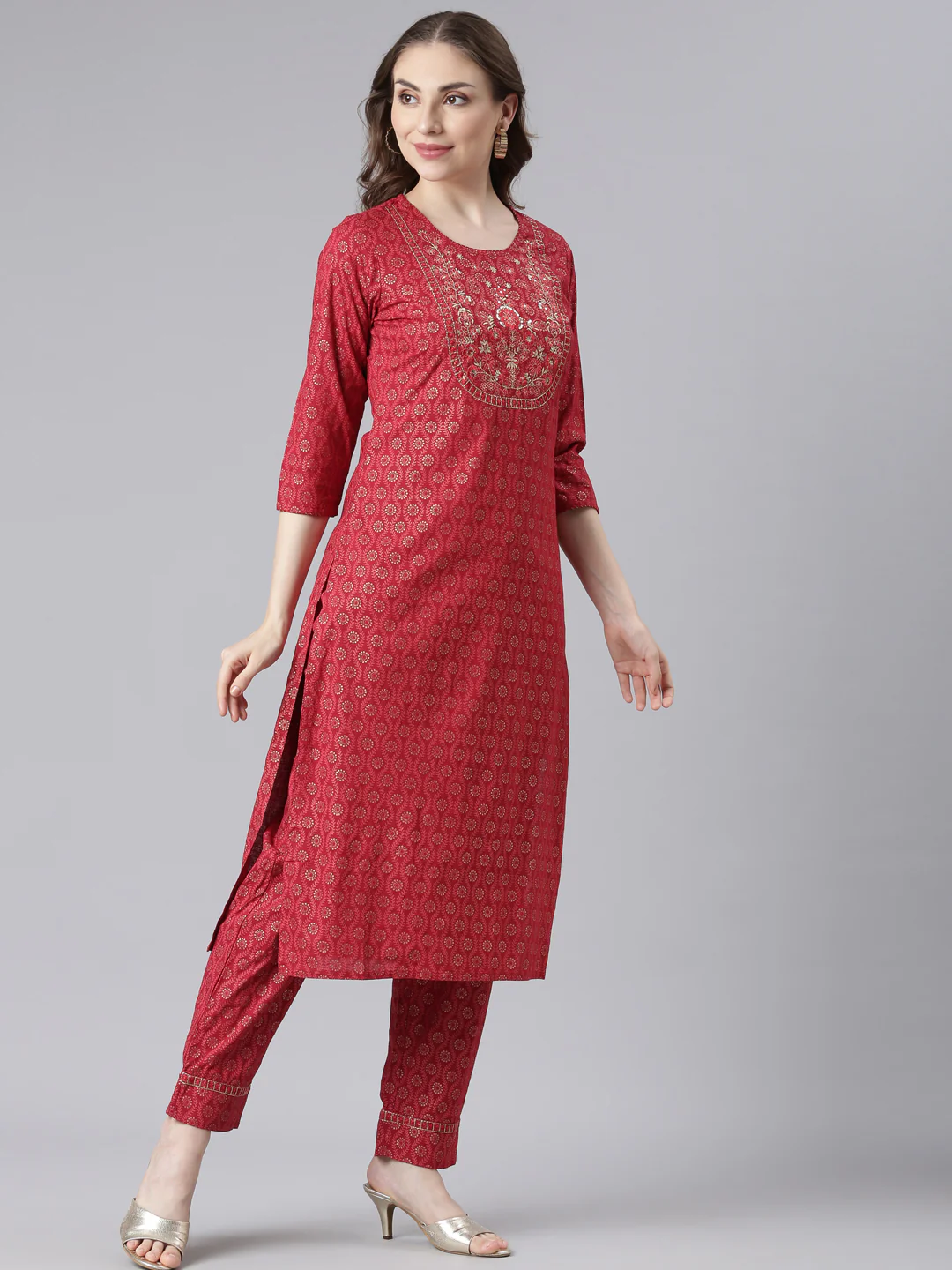 Neerus Red Slub Cotton Straight Casual Floral Kurta and Trouser with Dupatta - Image 3