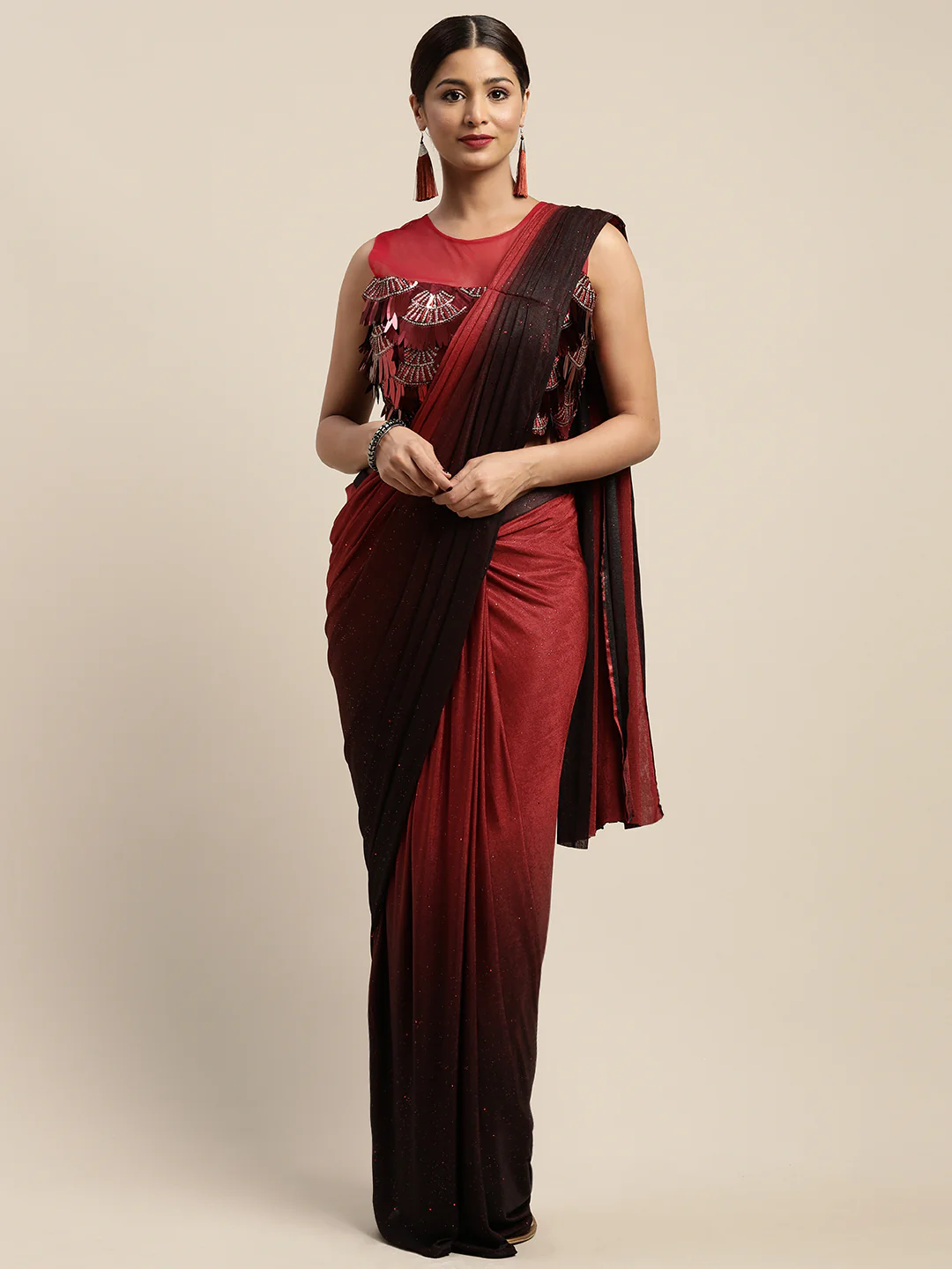 Neerus Red Solid Ready To Wear Saree With Blouse - Image 8