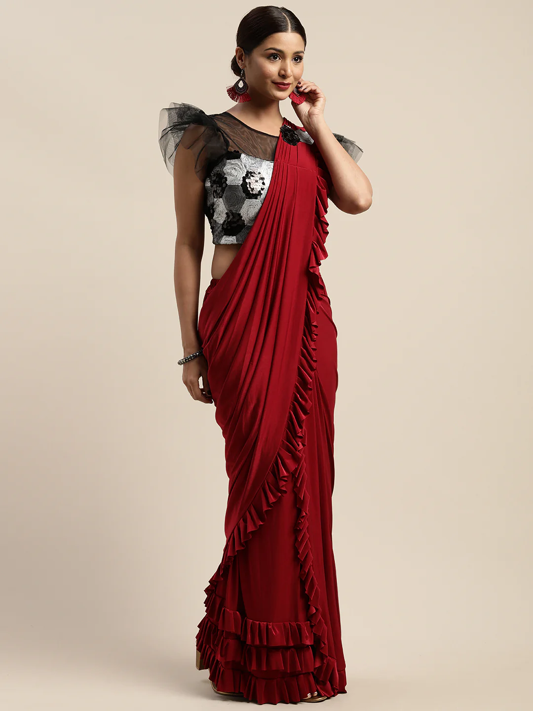 Neerus Red Solid Ready To Wear Saree With Blouse - Image 2