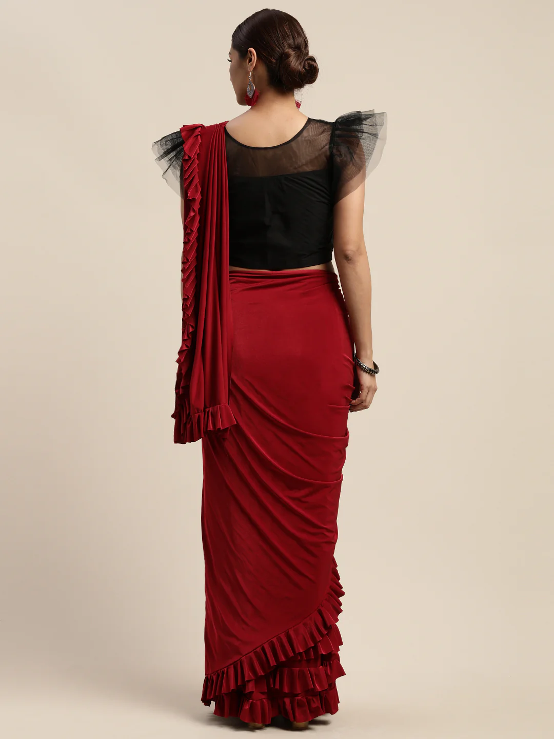 Neerus Red Solid Ready To Wear Saree With Blouse - Image 3