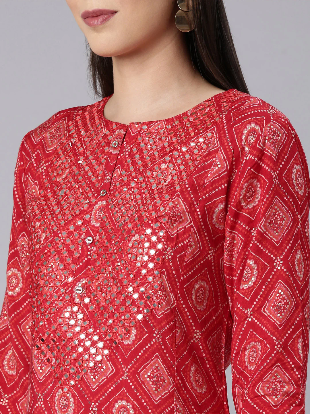 Neerus Red Straight Casual Bandhani Straight Kurta - Image 5