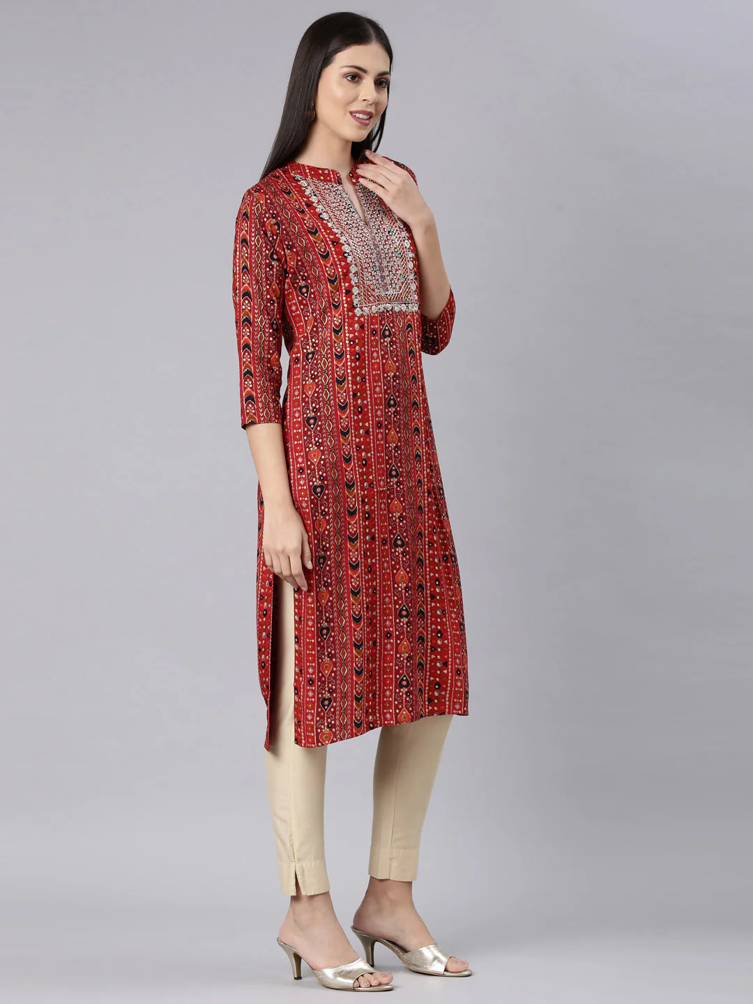 Neerus Red Straight Casual Embellished Straight Kurta - Image 3