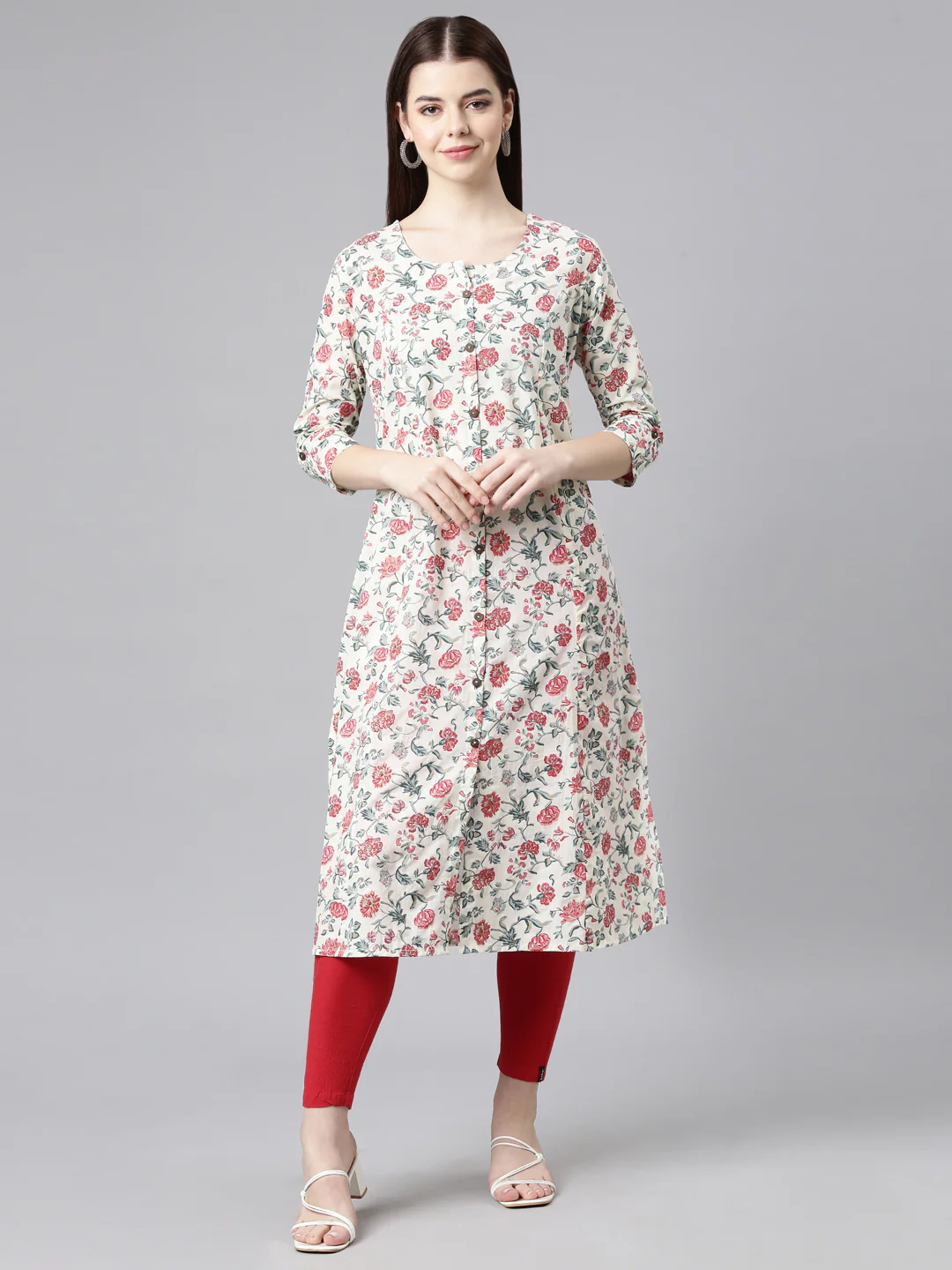 Neerus Red Straight Casual Floral Straight Kurta