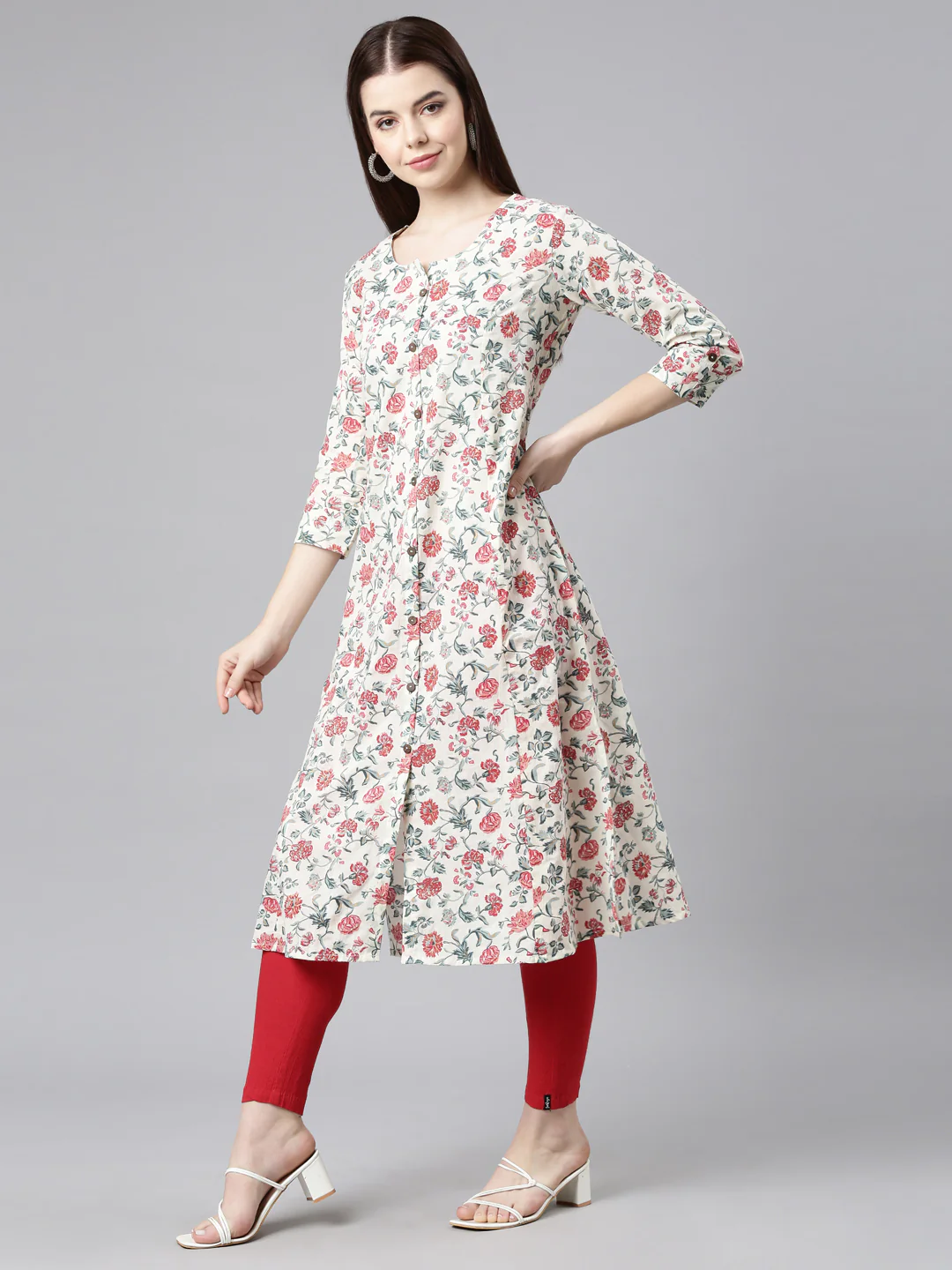 Neerus Red Straight Casual Floral Straight Kurta - Image 2