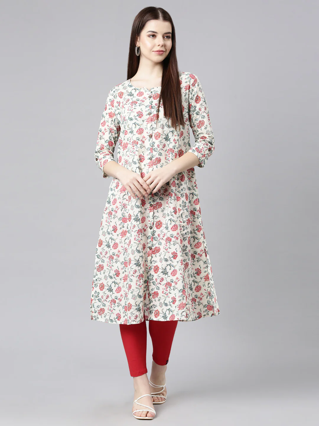 Neerus Red Straight Casual Floral Straight Kurta - Image 8