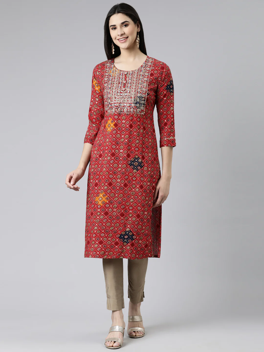 Neerus Red Straight Printed Cotton Kurta