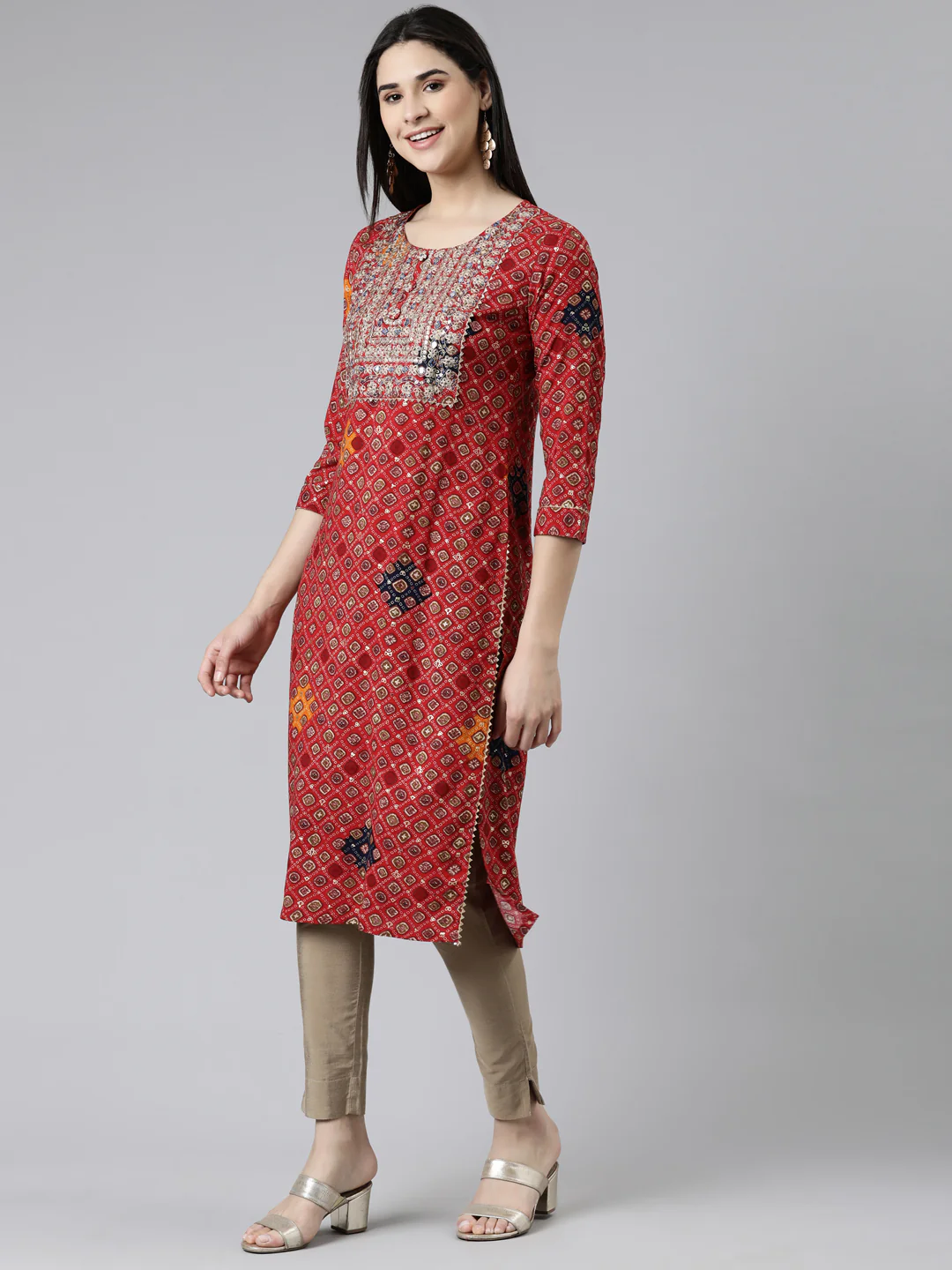 Neerus Red Straight Printed Cotton Kurta - Image 2