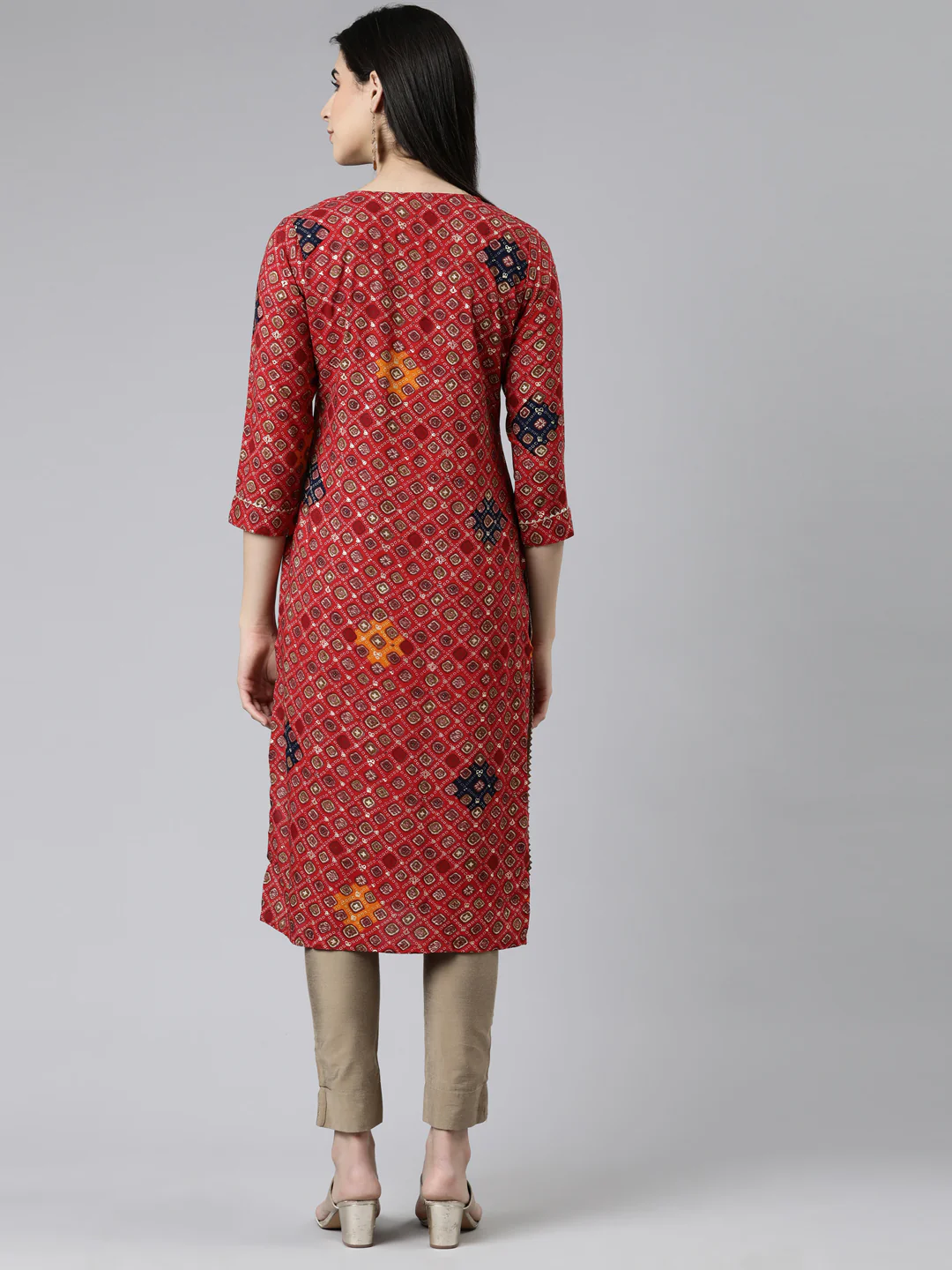Neerus Red Straight Printed Cotton Kurta - Image 3