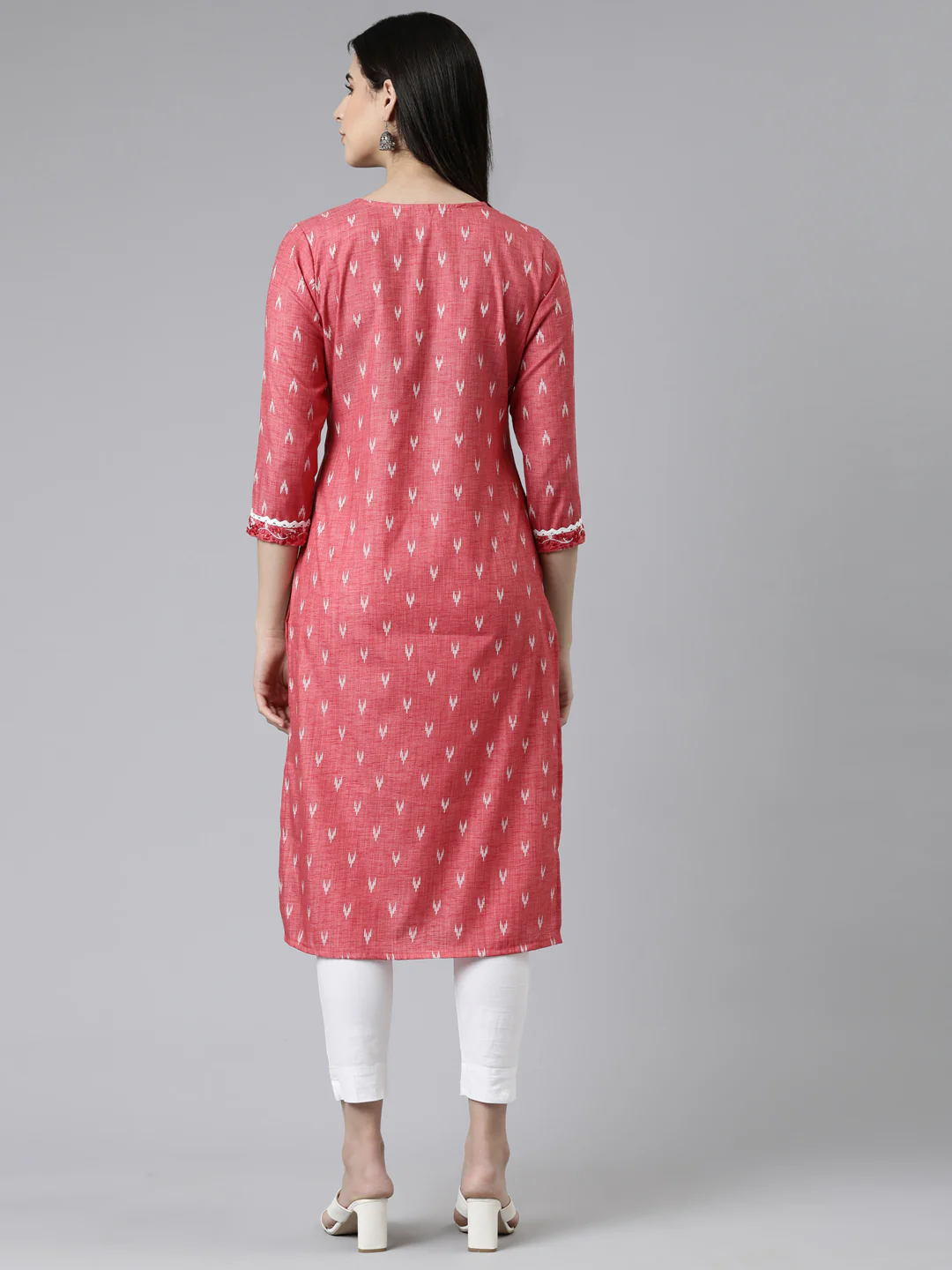 Neerus Red Straight Printed Cotton Kurta - Image 3