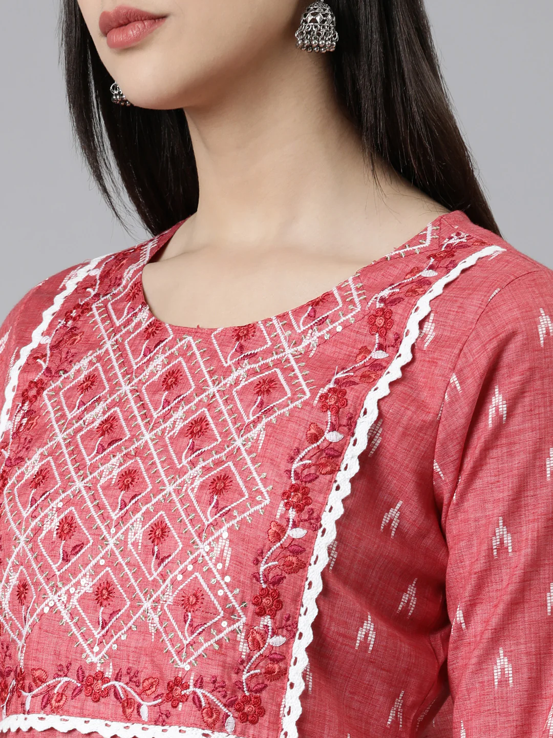 Neerus Red Straight Printed Cotton Kurta - Image 4