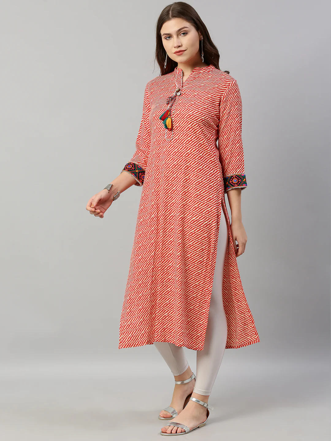 Neerus Red Striped Straight Kurta - Image 4